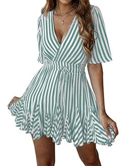 Women's Summer Deep V Neck Short Sleeve Striped Wrap Ruffle Hem Mini Dress
