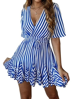 Women's Summer Deep V Neck Short Sleeve Striped Wrap Ruffle Hem Mini Dress