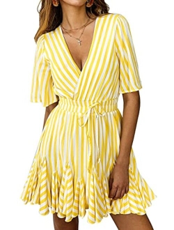 Women's Summer Deep V Neck Short Sleeve Striped Wrap Ruffle Hem Mini Dress