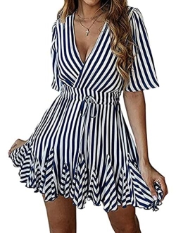 Women's Summer Deep V Neck Short Sleeve Striped Wrap Ruffle Hem Mini Dress