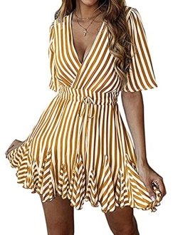 Women's Summer Deep V Neck Short Sleeve Striped Wrap Ruffle Hem Mini Dress