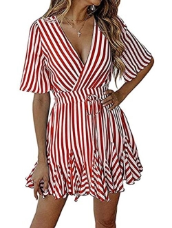 Women's Summer Deep V Neck Short Sleeve Striped Wrap Ruffle Hem Mini Dress