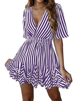 Women's Summer Deep V Neck Short Sleeve Striped Wrap Ruffle Hem Mini Dress