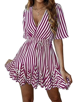 Women's Summer Deep V Neck Short Sleeve Striped Wrap Ruffle Hem Mini Dress