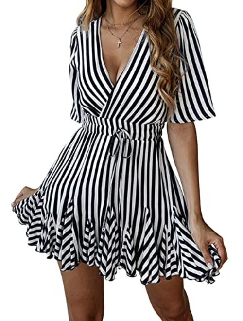 PRETTYGARDEN Women's Summer Deep V Neck Short Sleeve Striped Wrap Ruffle Hem Mini Dress