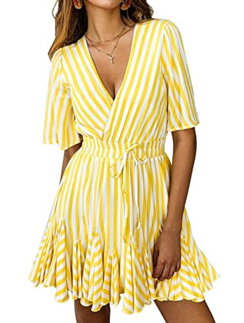 PRETTYGARDEN Women's Summer Deep V Neck Short Sleeve Striped Wrap Ruffle Hem Mini Dress