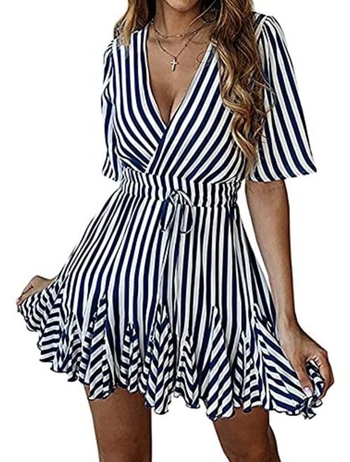 PRETTYGARDEN Women's Summer Deep V Neck Short Sleeve Striped Wrap Ruffle Hem Mini Dress