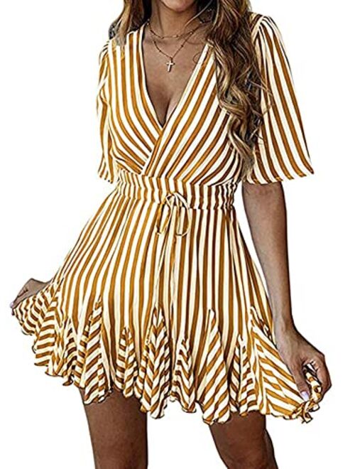 PRETTYGARDEN Women's Summer Deep V Neck Short Sleeve Striped Wrap Ruffle Hem Mini Dress