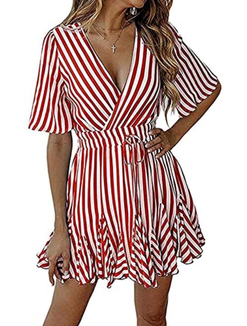 PRETTYGARDEN Women's Summer Deep V Neck Short Sleeve Striped Wrap Ruffle Hem Mini Dress