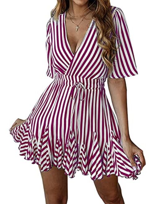 PRETTYGARDEN Women's Summer Deep V Neck Short Sleeve Striped Wrap Ruffle Hem Mini Dress