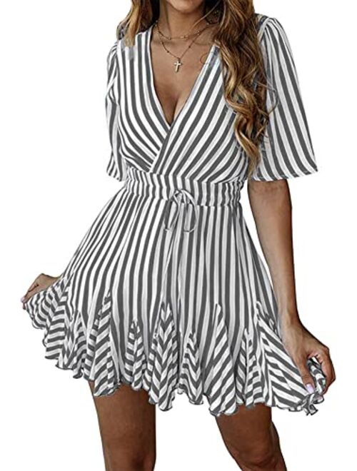 PRETTYGARDEN Women's Summer Deep V Neck Short Sleeve Striped Wrap Ruffle Hem Mini Dress