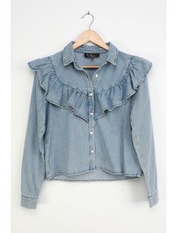 Belle of the Moment Blue Chambray Ruffled Button-Up Top