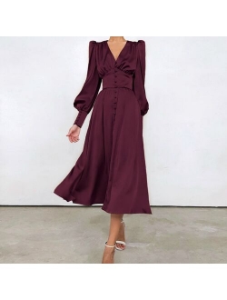 Spring Fashion Silk  Elegant Grace Office Lady Long Sleeve Dress Dresses Women