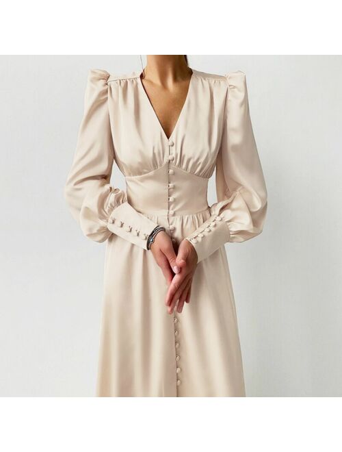 Spring Fashion Silk  Elegant Grace Office Lady Long Sleeve Dress Dresses Women