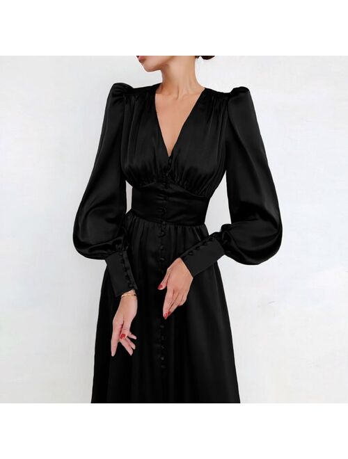 Spring Fashion Silk  Elegant Grace Office Lady Long Sleeve Dress Dresses Women