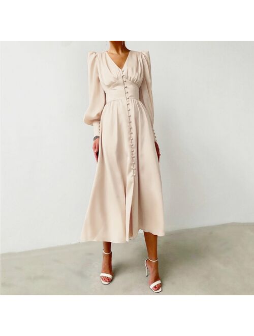 Spring Fashion Silk  Elegant Grace Office Lady Long Sleeve Dress Dresses Women