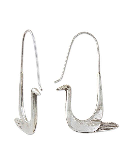 NOVICA .925 Sterling Silver Bird Themed Hoop Earrings, Silver Dove' (23mm wide by 46mm long)