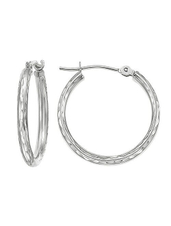 14k White Gold Hand Engraved Full Diamond-cut Round Hoop Earrings