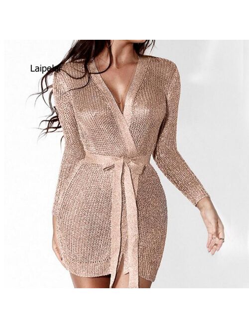 New Women Ladies Winter Long Sleeve Casual Loose Knitted Sweater Jumper Dress Sweater Sexy Girding