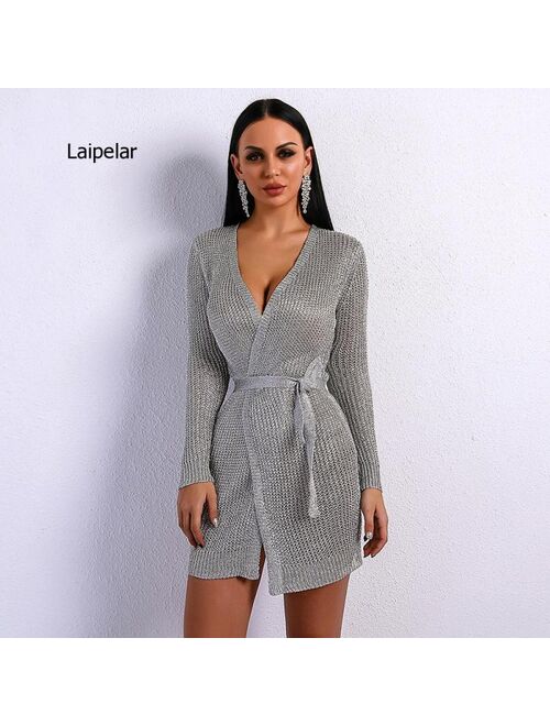 New Women Ladies Winter Long Sleeve Casual Loose Knitted Sweater Jumper Dress Sweater Sexy Girding