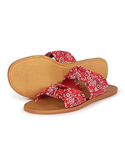 Alrisco Women's Knotted Design Double Strap Multi Print Slide Sandal 20577