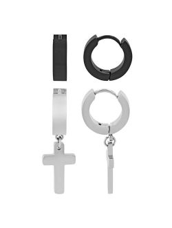 Steel Nation Men's Stainless Steel Cross & Huggie Hoop Earring Set