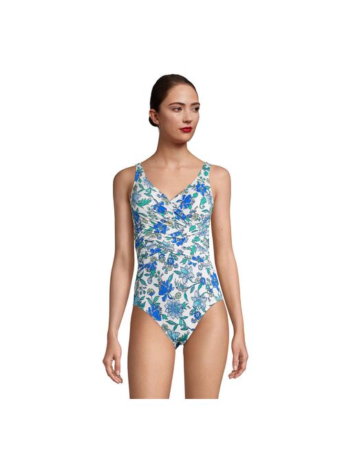 Women's Lands' End SlenderSuit Tummy Control Surplice One-Piece Swimsuit