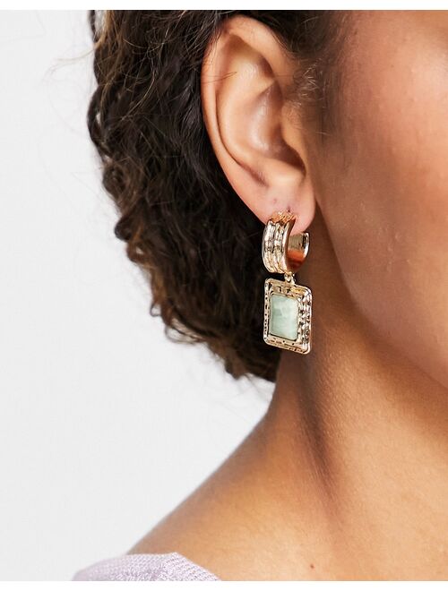 Topshop green stone drop molten hoop earrings in gold