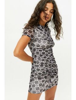 UO Riko Mesh Button-Front Mini Dress