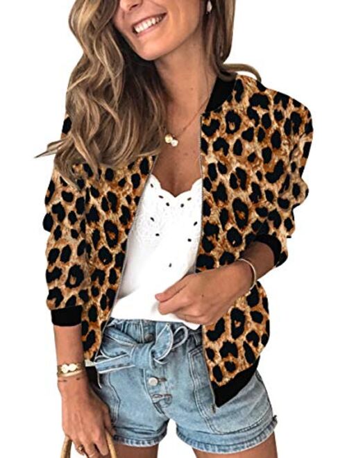 ECOWISH Womens Jackets Lightweight Zip Up Casual Inspired Bomber Jacket Leopard Coat Stand Collar Short Outwear Tops