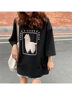 Cartoon Alpaca Animal Printed Casual Loose Oversize Korean Style 2021 Summer Short Sleeve Women Top Female T-shirts