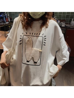 Cartoon Alpaca Animal Printed Casual Loose Oversize Korean Style 2021 Summer Short Sleeve Women Top Female T-shirts