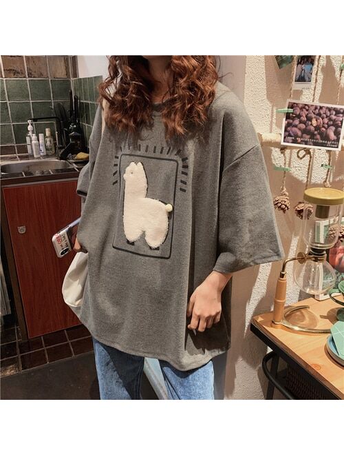 Cartoon Alpaca Animal Printed Casual Loose Oversize Korean Style 2021 Summer Short Sleeve Women Top Female T-shirts