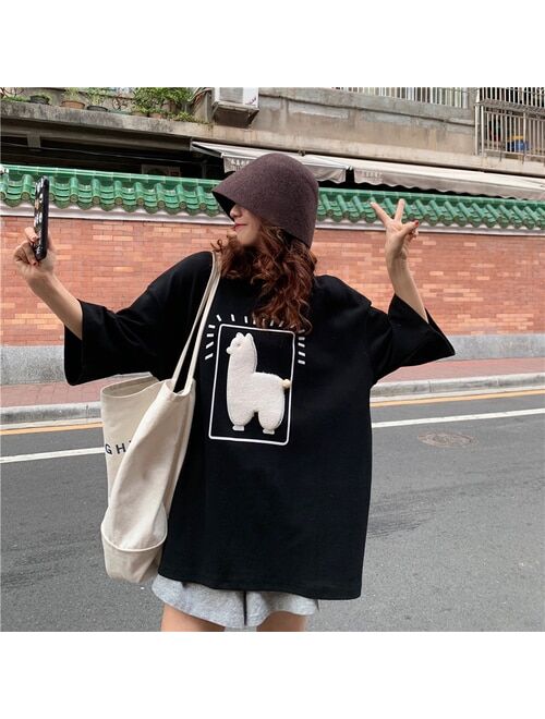 Cartoon Alpaca Animal Printed Casual Loose Oversize Korean Style 2021 Summer Short Sleeve Women Top Female T-shirts