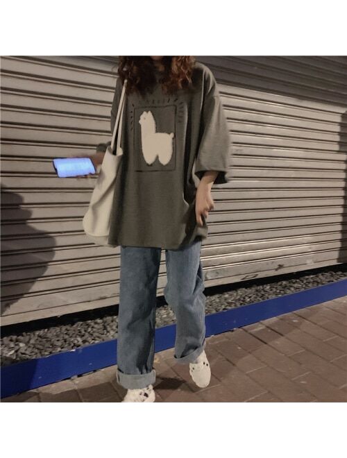 Cartoon Alpaca Animal Printed Casual Loose Oversize Korean Style 2021 Summer Short Sleeve Women Top Female T-shirts