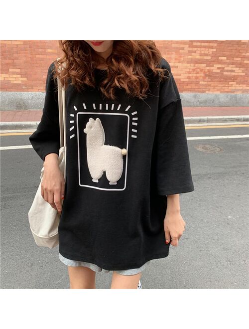 Cartoon Alpaca Animal Printed Casual Loose Oversize Korean Style 2021 Summer Short Sleeve Women Top Female T-shirts