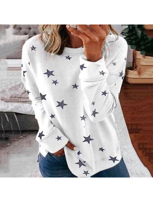 Autumn New Long Sleeve T-Shirt Women Pentagram Printed O-Neck White Tee 2021 Casual Top S-5XL Big Size Female Loose T-Shirts