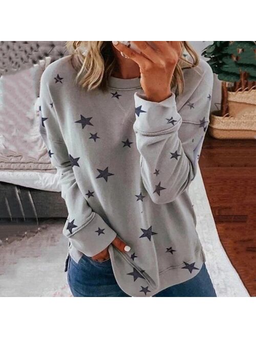 Autumn New Long Sleeve T-Shirt Women Pentagram Printed O-Neck White Tee 2021 Casual Top S-5XL Big Size Female Loose T-Shirts