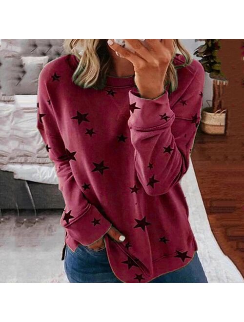 Autumn New Long Sleeve T-Shirt Women Pentagram Printed O-Neck White Tee 2021 Casual Top S-5XL Big Size Female Loose T-Shirts