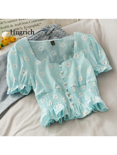 Women Short Puff Sleeve Tops 2021 Korean Fashion New Women's Summer Daisy Elastic Waist Short Blouses Shirts Feminine