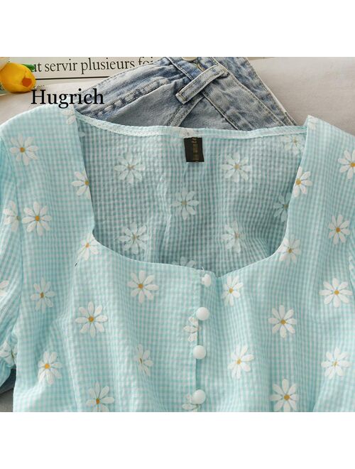 Women Short Puff Sleeve Tops 2021 Korean Fashion New Women's Summer Daisy Elastic Waist Short Blouses Shirts Feminine