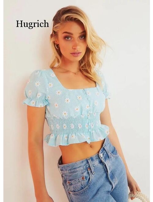 Women Short Puff Sleeve Tops 2021 Korean Fashion New Women's Summer Daisy Elastic Waist Short Blouses Shirts Feminine