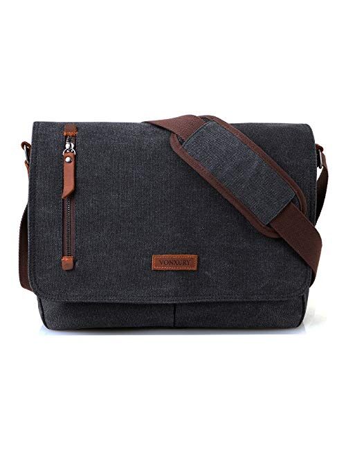 Messenger Bag for Men and Women, Canvas Leather 14 Inch Laptop Messenger Bag Shoulder Bag for Work School VONXURY