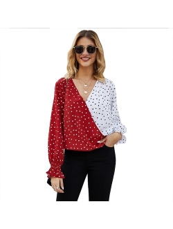 Patchwork Dot Print Womens Blouse Casual V Neck Long Sleeve Female Tunic Elegant 2020 Spring Womens Tops And Blouses Loose Shirt