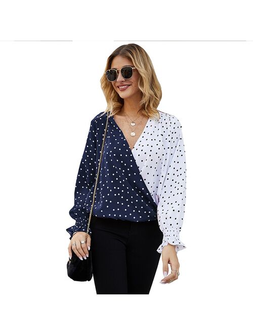 Patchwork Dot Print Womens Blouse Casual V Neck Long Sleeve Female Tunic Elegant 2020 Spring Womens Tops And Blouses Loose Shirt