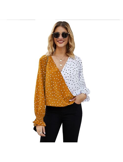 Patchwork Dot Print Womens Blouse Casual V Neck Long Sleeve Female Tunic Elegant 2020 Spring Womens Tops And Blouses Loose Shirt