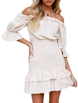 Amegoya Women's Summer Off Shoulder Ruffle Half Sleeve Cotton Beach Mini Dress