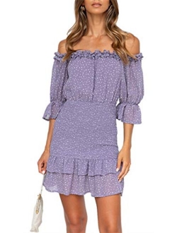 Amegoya Women's Summer Off Shoulder Ruffle Half Sleeve Cotton Beach Mini Dress