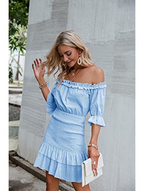 Amegoya Women's Summer Off Shoulder Ruffle Half Sleeve Cotton Beach Mini Dress