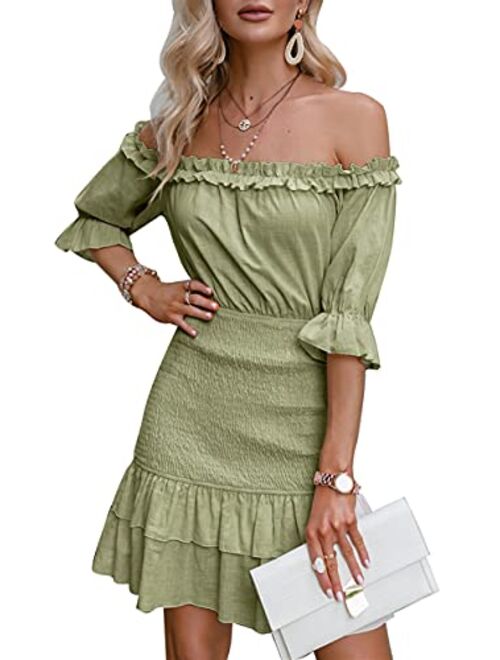 Amegoya Women's Summer Off Shoulder Ruffle Half Sleeve Cotton Beach Mini Dress